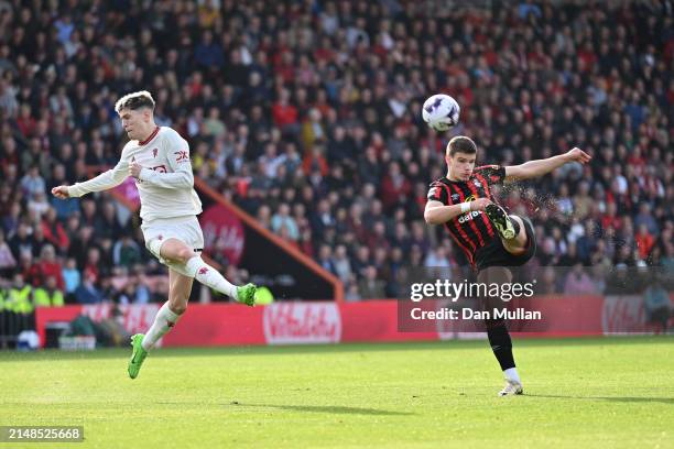 Milos Kerkez of AFC Bournemouth shoots during the Premier League match between AFC Bournemouth and Manchester United at Vitality Stadium on April 13,...