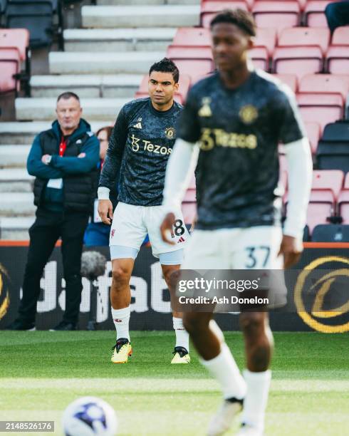 Casemiro of Manchester United warms up ahead of the Premier League match between AFC Bournemouth and Manchester United at Vitality Stadium on April...