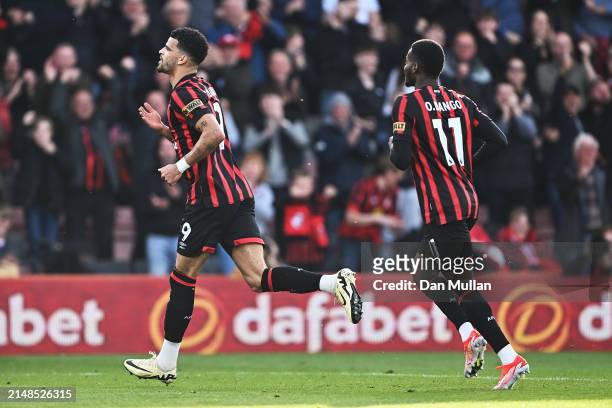 Dominic Solanke of AFC Bournemouth celebrates scoring his team's first goal during the Premier League match between AFC Bournemouth and Manchester...