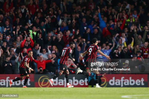 Dominic Solanke of AFC Bournemouth celebrates scoring his team's first goal during the Premier League match between AFC Bournemouth and Manchester...