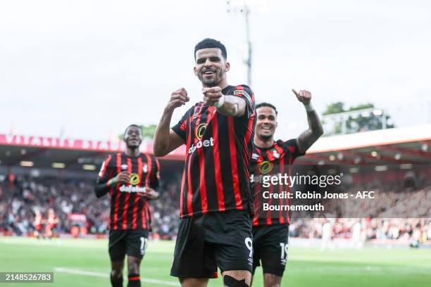 Dominic Solanke of Bournemouth celebrates after he scores a goal to make it 1-0 during the Premier League match between AFC Bournemouth and...