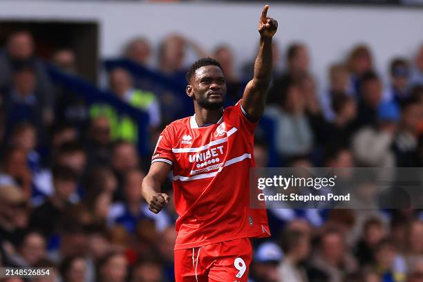 Emmanuel Latte Lath of Middlesbrough celebrates scoring the opening goal during the Sky Bet Championship match between Ipswich Town and Middlesbrough...