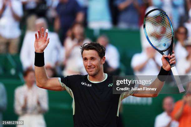 Casper Ruud of Norway celebrates victory during the semi-final match against Novak Djokovic of Serbia during day seven of the Rolex Monte-Carlo...