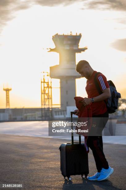 Roma player Houssem Aouar travels to Udine on April 13, 2024 in Udine, Italy.