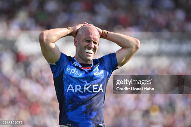 Maxime Lucu of Bordeaux Begles, looks dejected missing the try conversion during the Investec Champions Cup Quarter Final match between Union...