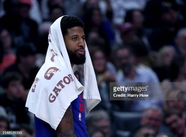 Paul George of the LA Clippers watches during a 110-109 loss to the Utah Jazz at Crypto.com Arena on April 12, 2024 in Los Angeles, California. User...