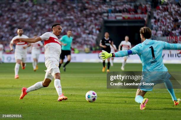 Jamie Leweling of VfB Stuttgart scores his team's third goal during the Bundesliga match between VfB Stuttgart and Eintracht Frankfurt at MHPArena on...