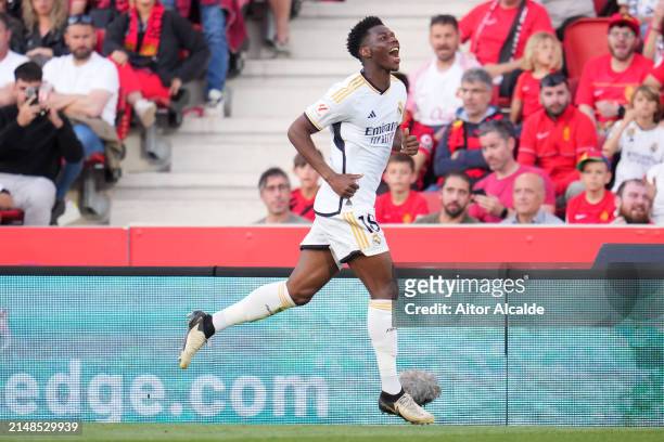 Aurelien Tchouameni of Real Madrid celebrates after scoring their first side goal during the LaLiga EA Sports match between RCD Mallorca and Real...