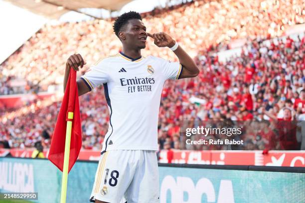 Aurelien Tchouameni of Real Madrid celebrates scoring his team's first goal during the LaLiga EA Sports match between RCD Mallorca and Real Madrid CF...