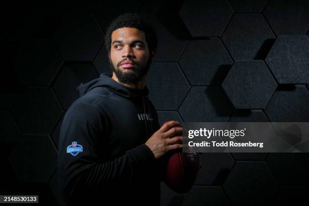 Quarterback Caleb Williams of the USC Trojans poses for portraits at the Indiana Convention Center on February 29, 2024 in Indianapolis, Indiana.