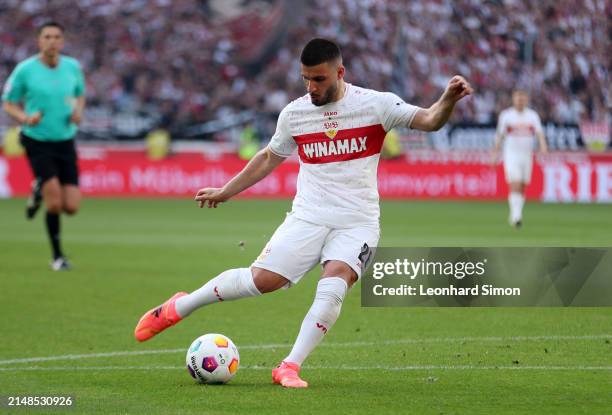 Deniz Undav of VfB Stuttgart scores his team's second goal during the Bundesliga match between VfB Stuttgart and Eintracht Frankfurt at MHPArena on...