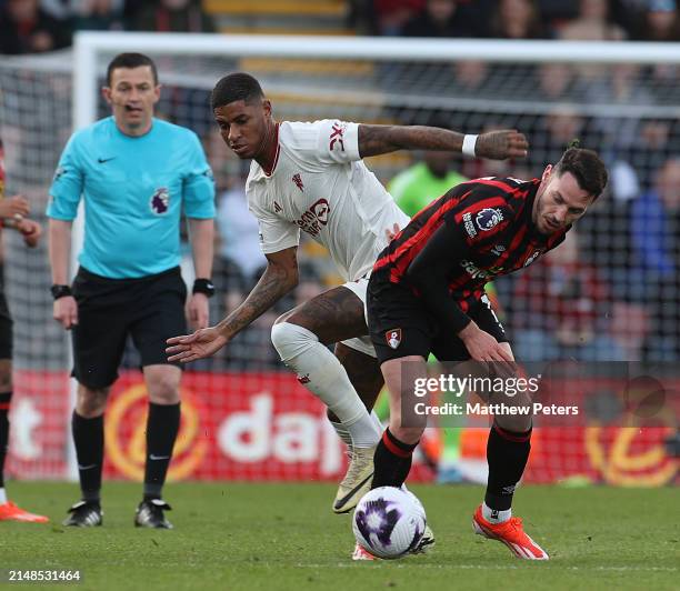 Marcus Rashford of Manchester United in action with Adam Smith of AFC Bournemouth during the Premier League match between AFC Bournemouth and...