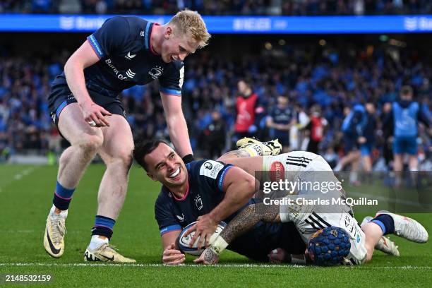 James Lowe of Leinster Rugby scores his team's fourth try during the Investec Champions Cup Quarter Final match between Leinster Rugby and Stade...