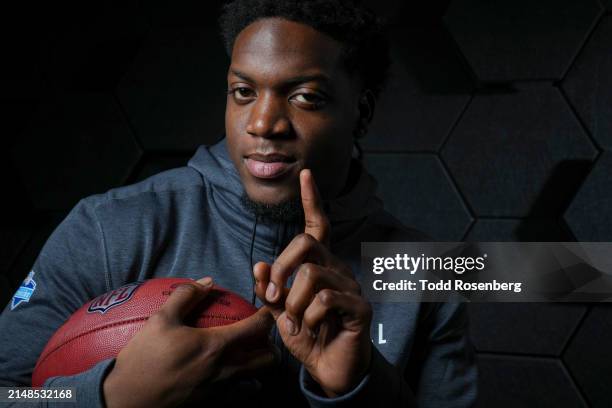 Defensive end Adisa Isaac of the Penn State Nitney Lions poses for portraits at the Indiana Convention Center on March 1, 2024 in Indianapolis,...