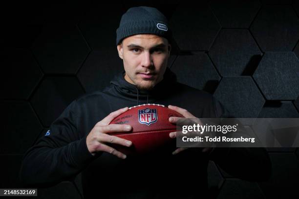 Defensive end Laiatu Latu of the UCLA Bruins poses for portraits at the Indiana Convention Center on March 1, 2024 in Indianapolis, Indiana.