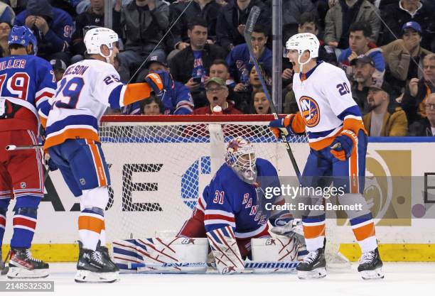 Brock Nelson of the New York Islanders celebrates his second goal of the game at 19:32 of the second period against Igor Shesterkin of the New York...