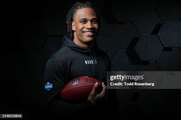 Linebacker Junior Colson of the Michigan Wolverines poses for portraits at the Indiana Convention Center on March 1, 2024 in Indianapolis, Indiana.