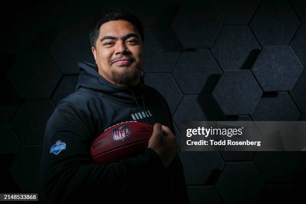 Offensive tackle Taliese Fuaga of the Oregon State Beavers poses for portraits at the Indiana Convention Center on March 1, 2024 in Indianapolis,...