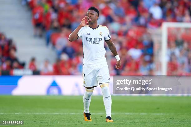Vinicius Junior of Real Madrid CF reacts during the LaLiga EA Sports match between RCD Mallorca and Real Madrid CF at Estadi de Son Moix on April 13,...