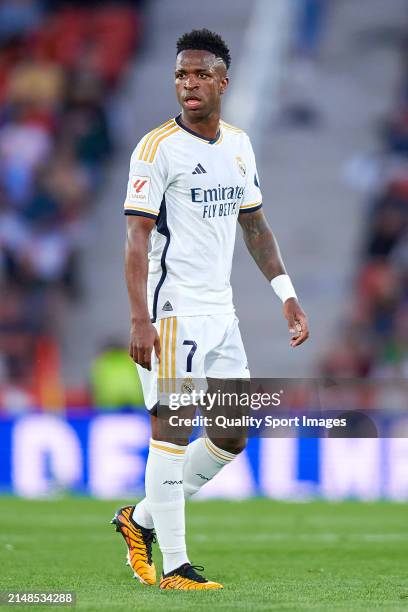 Vinicius Junior of Real Madrid CF looks on during the LaLiga EA Sports match between RCD Mallorca and Real Madrid CF at Estadi de Son Moix on April...