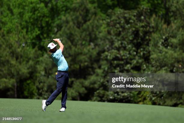 Cameron Smith of Australia plays his shot on the fifth hole during the third round of the 2024 Masters Tournament at Augusta National Golf Club on...