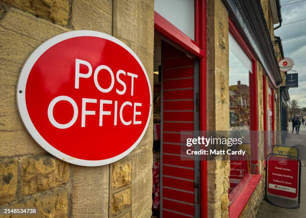 The logo of the Post Office is displayed outside a branch on April 13, 2024 in Bourton-on-the-Water, England. The British Prime Minister Rishi Sunak...