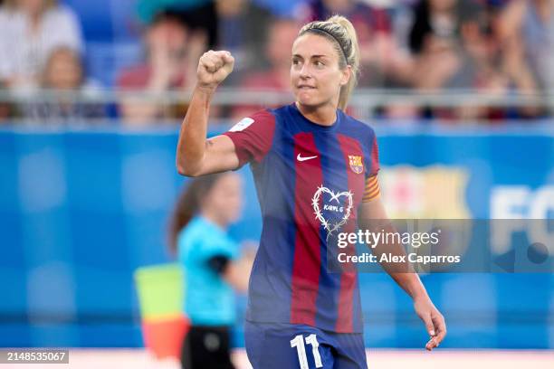 Alexia Putellas of FC Barcelona celebrates whilst wearing the limited edition FC Barcelona match shirt featuring the KAROL G logo after scoring her...