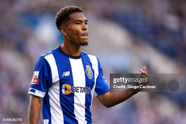 Danny Namaso of FC Porto gestures during the Liga Portugal Bwin match between FC Porto and FC Famalicao at Estadio do Dragao on April 13, 2024 in...