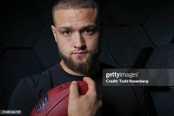 Tight end Cade Stover of the Ohio State Buckeyes poses for portraits at the Indiana Convention Center on March 2, 2024 in Indianapolis, Indiana.