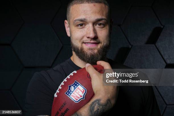 Tight end Cade Stover of the Ohio State Buckeyes poses for portraits at the Indiana Convention Center on March 2, 2024 in Indianapolis, Indiana.