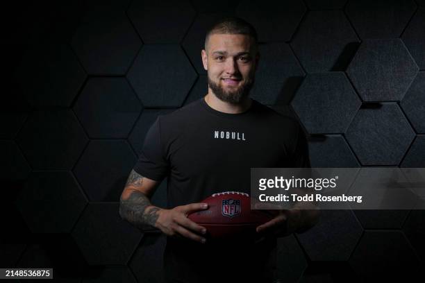 Tight end Cade Stover of the Ohio State Buckeyes poses for portraits at the Indiana Convention Center on March 2, 2024 in Indianapolis, Indiana.