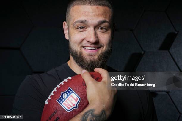 Tight end Cade Stover of the Ohio State Buckeyes poses for portraits at the Indiana Convention Center on March 2, 2024 in Indianapolis, Indiana.