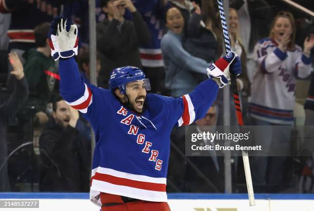 Vincent Trocheck of the New York Rangers celebrates his shootout goal against the New York Islanders at Madison Square Garden on April 13, 2024 in...