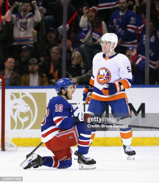 Artemi Panarin of the New York Rangers celebrates his third period game-tying goal against the New York Islanders at Madison Square Garden on April...