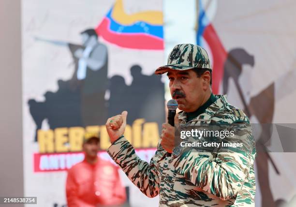 President of Venezuela Nicolas Maduro speaks during a demonstration to commemorate 22nd anniversary of failed coup d'etat against Hugo Chavez on...