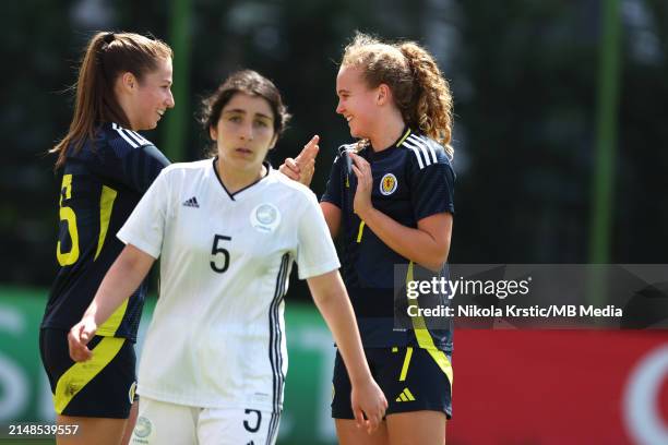 Tiree Burchill of Scotland celebrates after scoring with Mia McAuley of Scotland during the UEFA Women's U19 European Championship Qualifier match...