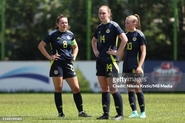 Clare Goldie of Scotland, Jenna Ferguson of Scotland, Kayla Jardine of Scotland react during the UEFA Women's U19 European Championship Qualifier...