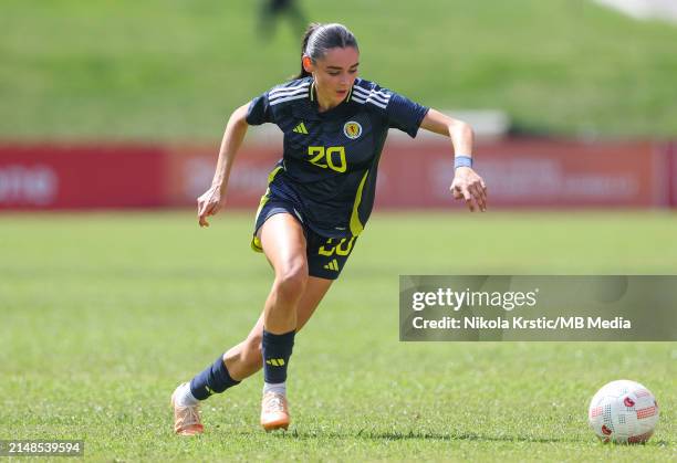 Mya Bates of Scotland comes forward on the ball during the UEFA Women's U19 European Championship Qualifier match between Scotland and Cyprus at...