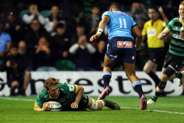 James Ramm of Northampton Saints scores his team's sixth try during the Investec Champions Cup Quarter Final match between Northampton Saints and...