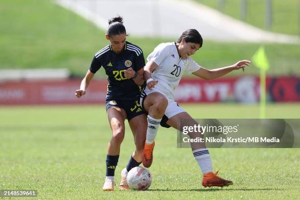 Mya Bates of Scotland competes against Elena Michail of Cyprus during the UEFA Women's U19 European Championship Qualifier match between Scotland and...