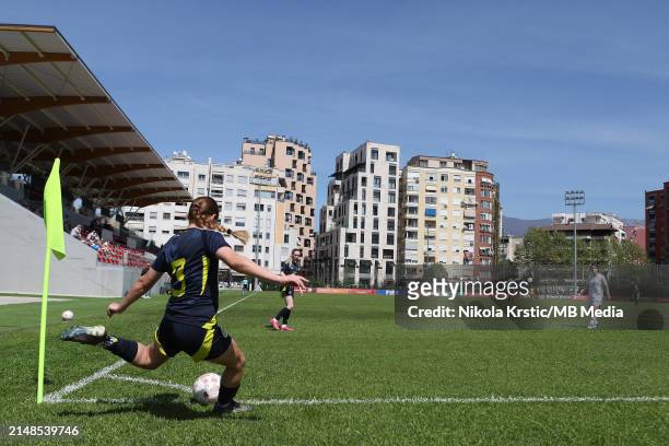 Fallon Connolly-Jackson of Scotland performs a corner kick during the UEFA Women's U19 European Championship Qualifier match between Scotland and...