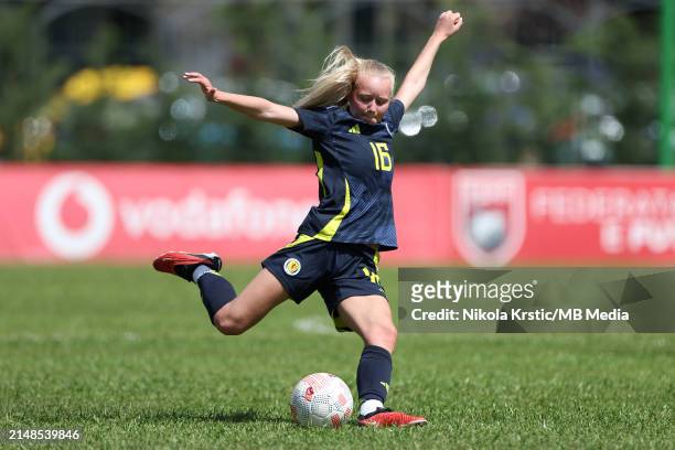 Mason Clark of Scotland in action during the UEFA Women's European Qualifier match between Serbia and Scotland on April 6, 2024 in Tirana, Albania.