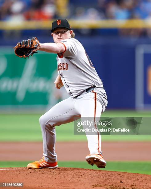 Logan Webb of the San Francisco Giants throws a pitch during the first inning against the Tampa Bay Rays at Tropicana Field on April 13, 2024 in St...