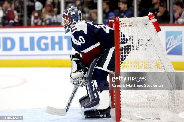 Alexandar Georgiev the Colorado Avalanche tends goal against the Winnipeg Jets in the first period at Ball Arena on April 13, 2024 in Denver,...