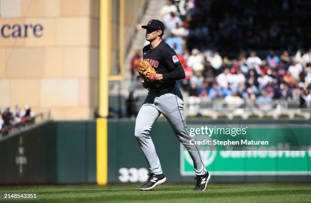 Cade Smith of the Cleveland Guardians jogs to the mound in the fifth inning of the game against the Minnesota Twins at Target Field on April 6, 2024...