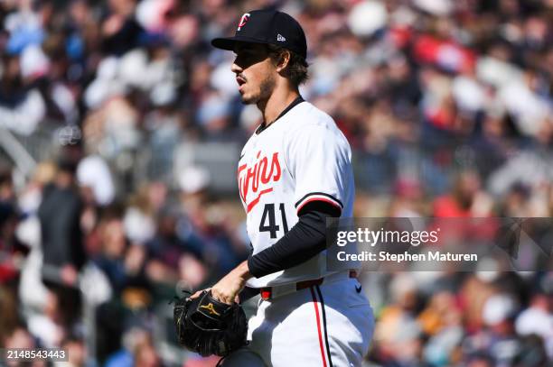 Joe Ryan of the Minnesota Twins pitches in the fifth inning of the game against the Cleveland Guardians at Target Field on April 6, 2024 in...