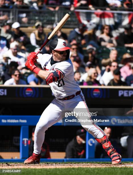 Ryan Jeffers of the Minnesota Twins bats in the fifth inning of the game against the Cleveland Guardians at Target Field on April 6, 2024 in...