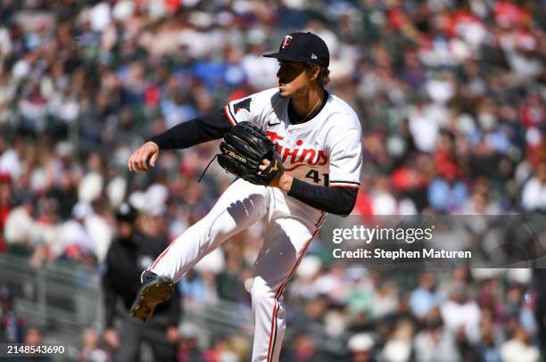 Joe Ryan of the Minnesota Twins pitches in the fifth inning of the game against the Cleveland Guardians at Target Field on April 6, 2024 in...