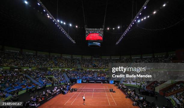 Anna-Lena Friedsam of Germany returns a shot to Beatriz Haddad of Brazil during the Billie Jean King Cup Qualifier match between Brazil and Germany...