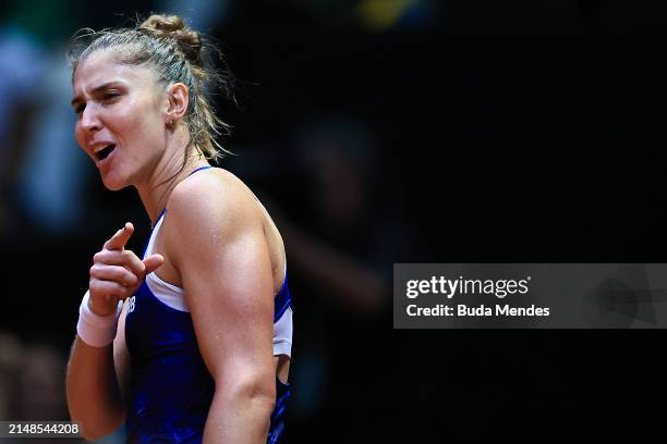 Beatriz Haddad of Brazil celebrates after winning the match against to Anna-Lena Friedsam of Germany during the Billie Jean King Cup Qualifier match...